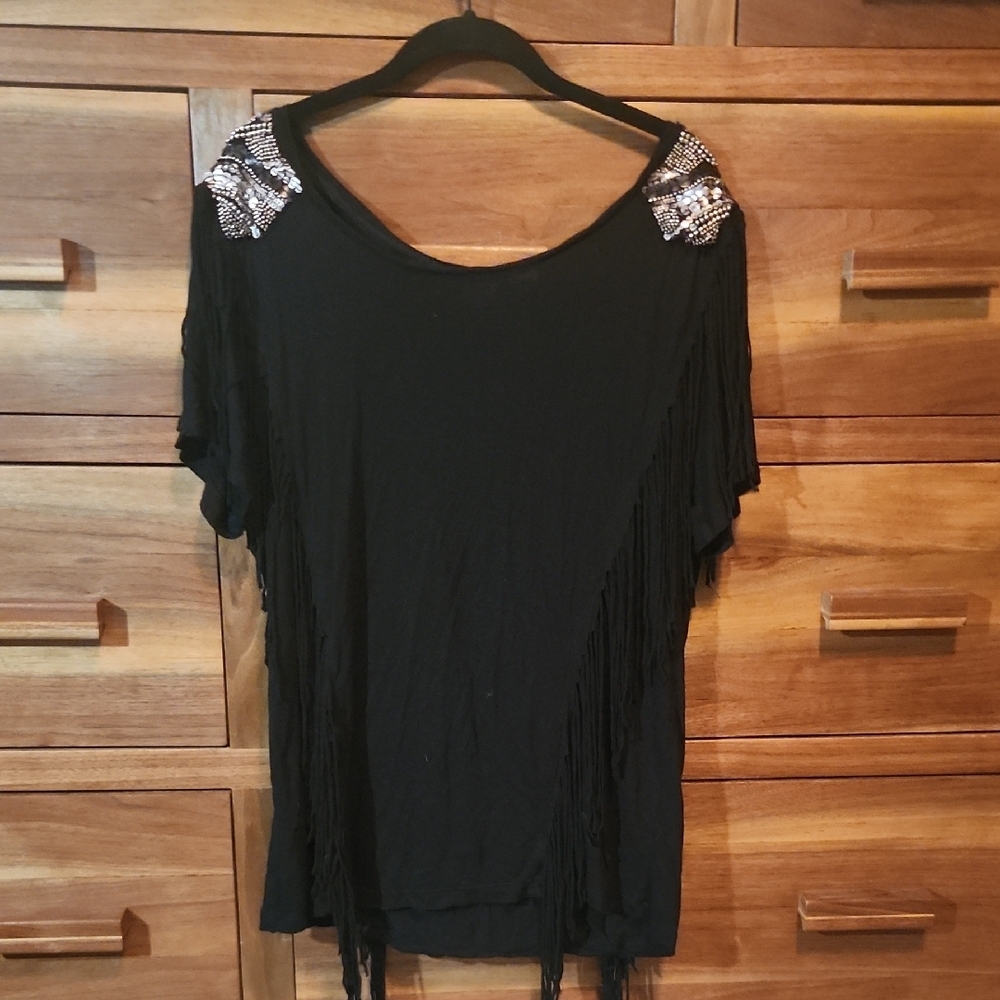 French Connection Black Relaxed Fringe  Beaded Embellished Eclectic Tee Sz Small
